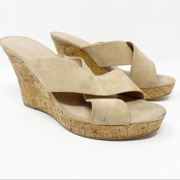 Charles David Cork Suede Criss Cross Wedge Sandals - Picture 1 of 7